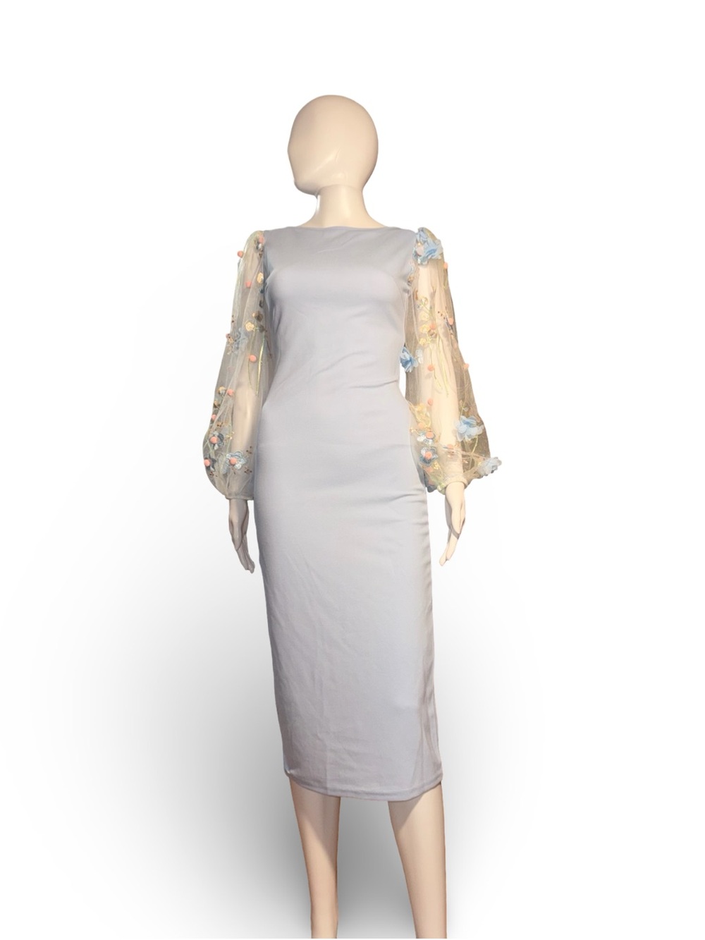 SHEIN Light Blue Bodycon Midi Dress with 3D Floral Mesh Long Sleeves, XS, NWOT